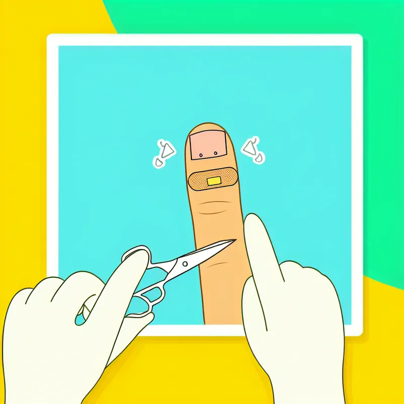 Minimalistisch illustratie van een schattig cartoonachtige vinger met een klein verbandje en een mini snijwond, in de stijl van Dick Bruna.