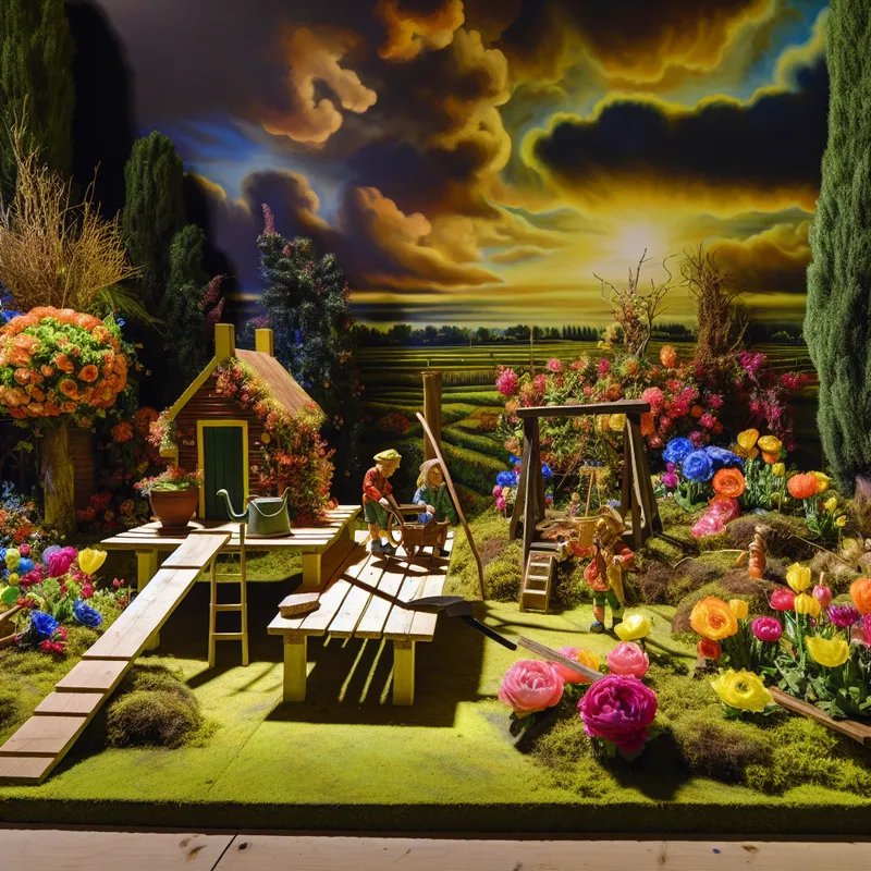 Een schattig houten vlondertje omringd door kleurrijke bloemen in een tuin, met kinderen die spelen.