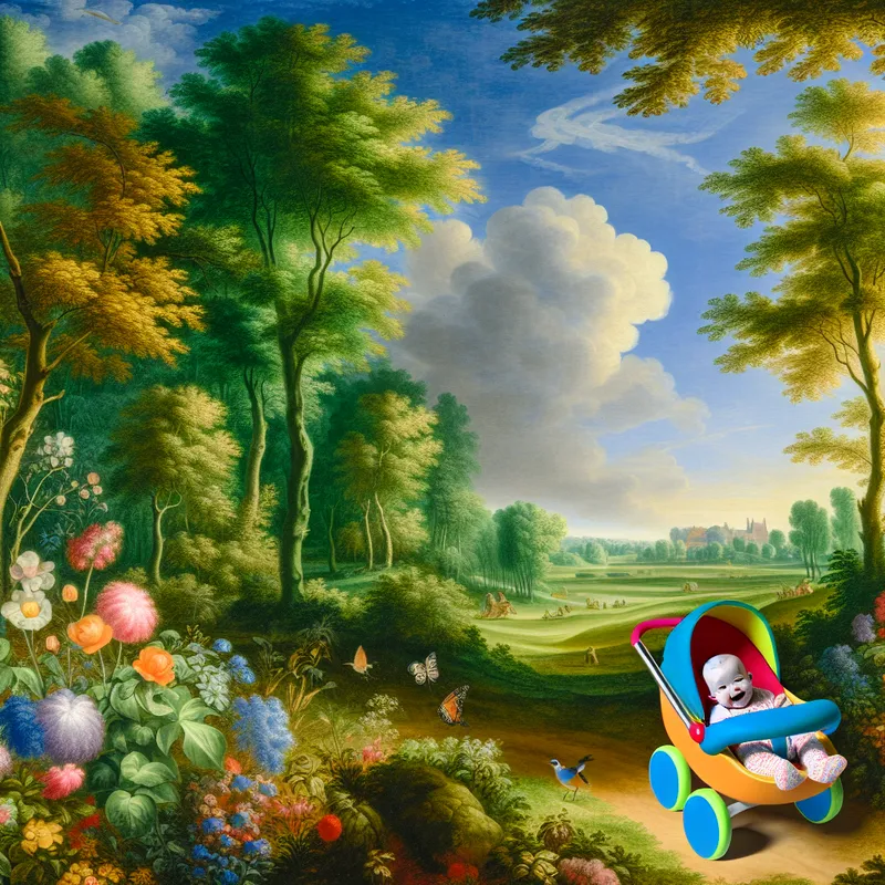 Een schattige baby in een kleurrijke kinderwagen in een pittoresk park met groene bomen en bloeiende bloemen.