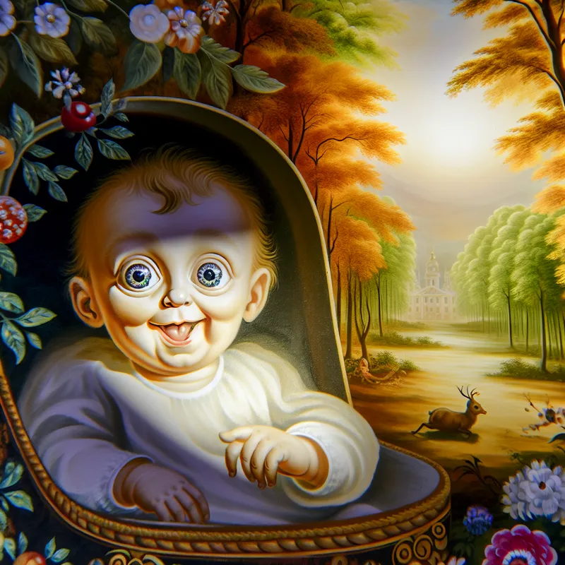 Een schattige baby in een kinderwagen, omringd door zonlicht dat door de bomen filtert