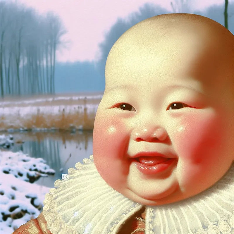 Een glimlachende baby met schattige wangetjes, omringd door sneeuw op een winterdag.