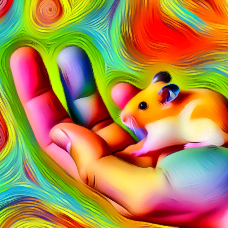 Close-up van een schattige babyhamster in de hand van een kind, met een kleurrijke abstracte achtergrond.