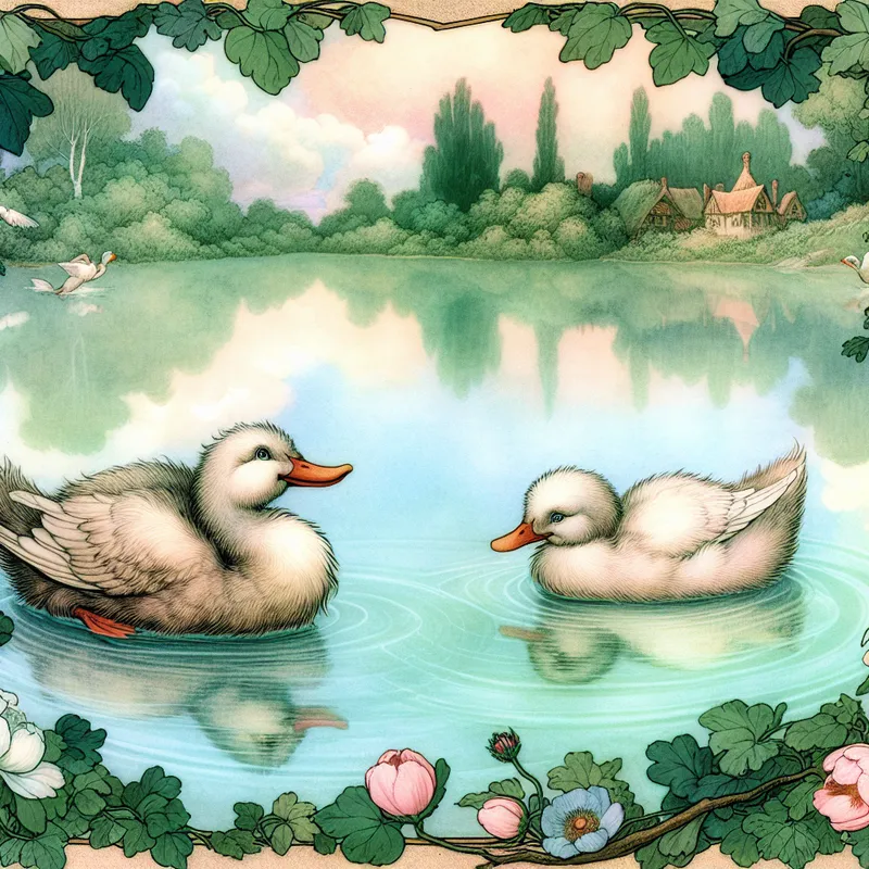 Een paartje schattige eenden zwemt op een kalm meer omgeven door weelderig groen.