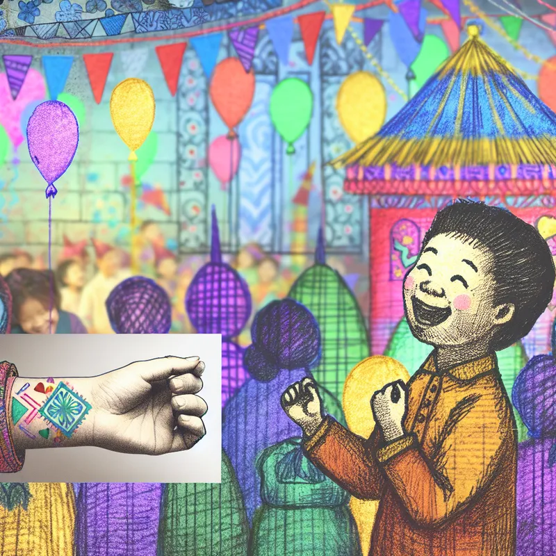 Klein schattig hart tatoeage op een pols tijdens een kinderverjaardagsfeest met ballonnen op de achtergrond.