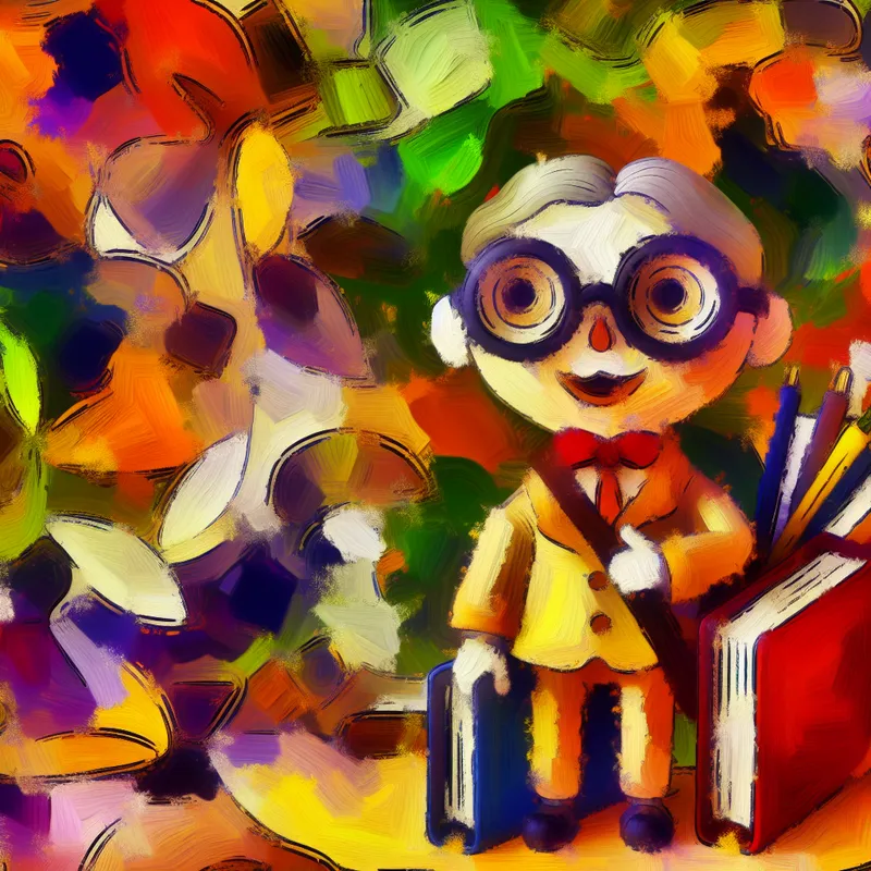 Abstract expressionist afbeelding van een kleine, schattige intellectuele figuur met grote brillen en oversized boeken, met een speelse uitstraling.
