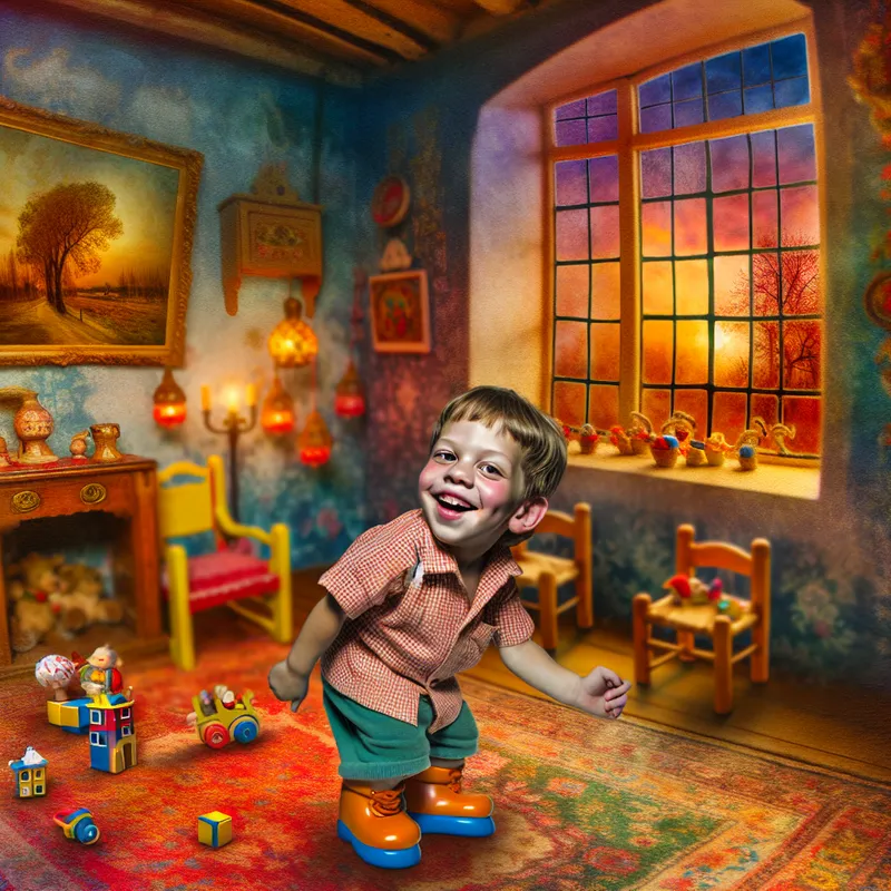 Een vrolijke jonge jongen danst in een gezellige woonkamer vol kleurrijke speelgoed, met een stralende lach die zijn onschuld en charme uitdrukt.