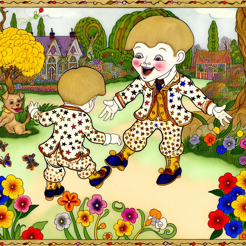 Een kleine jongen in een schattig, sterrenpatronen jasje speelt vrolijk in een park vol bloemen, met een kleine hond in een bijpassend jasje die toekijkt.