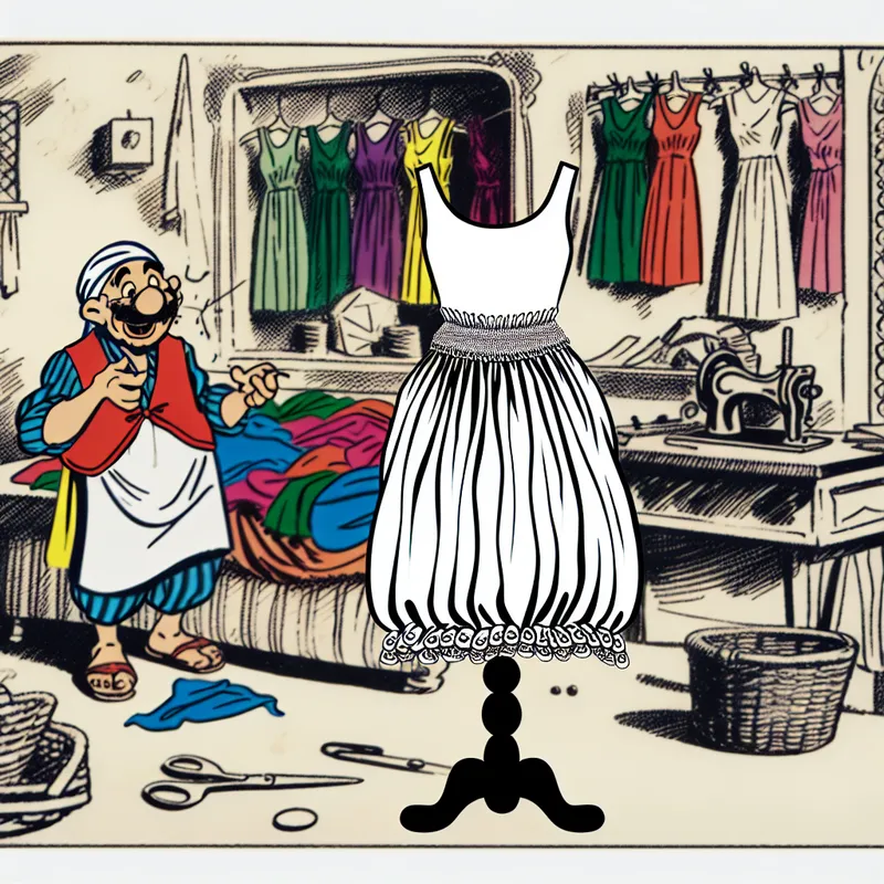 Cartoonachtige afbeelding van een schattige jurk op een mannequin met mooie vouwtjes aan de zoom.