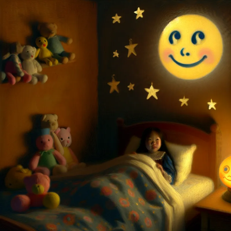 Een kind ligt in bed onder de warme gloed van een maanvormig nachtlampje, omringd door kleurrijke knuffeldieren en vrolijke sterren.