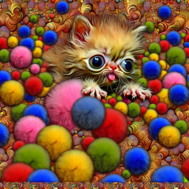 Schattige, kleine kitten omringd door felgekleurde, pluizige pom-poms.