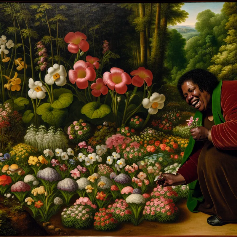 Een persoon knielt in een weelderige tuin vol met kleurrijke, kleine bloemen en bewondert hun schattige charme.