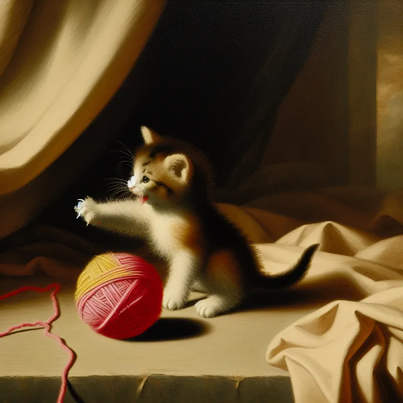 Een schattige kleine kitten die speels met een kleurrijke bol garen speelt in een gezellige binnenruimte.