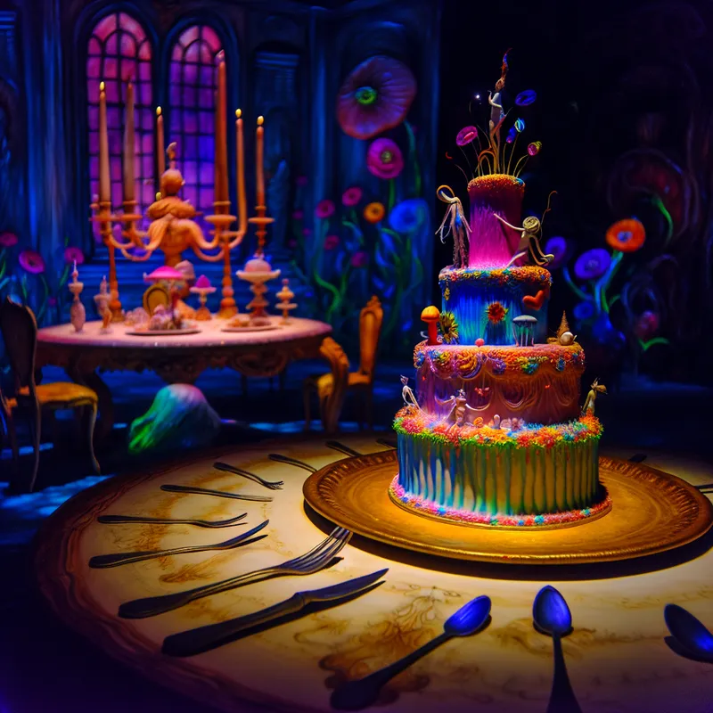 Een schattige, hyper-realistische kleine taart op een prachtig versierde desserttafel, met een grote taart op de achtergrond.