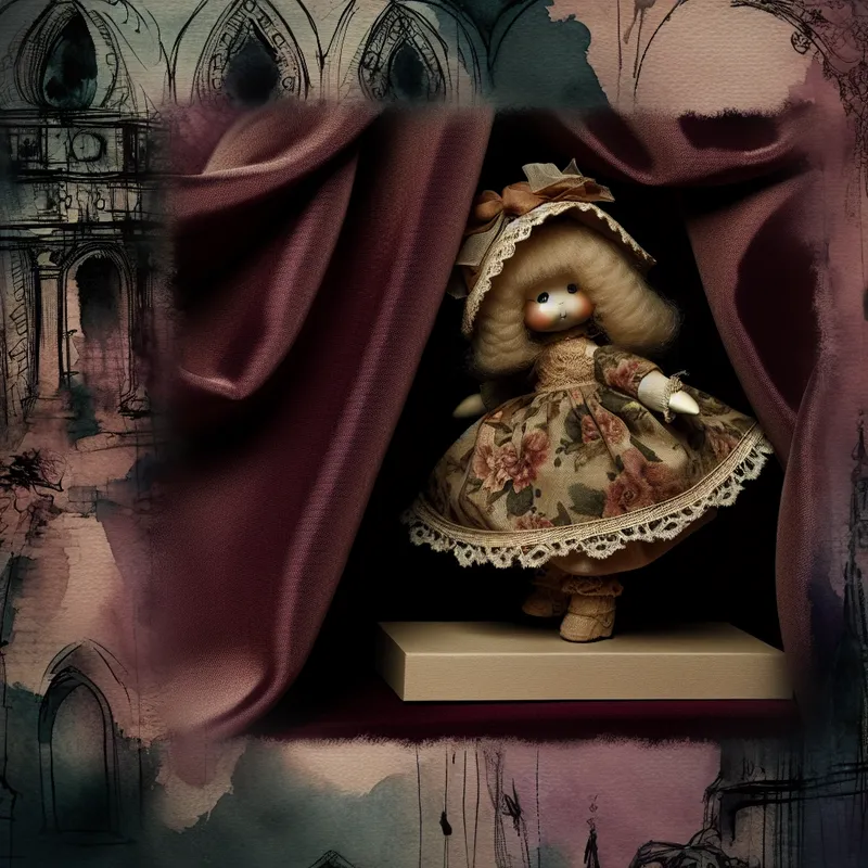 Een schattige pop met een delicaat geschilderd gezicht en miniatuur kleding, geplaatst op een verhoogd voetstuk in een gothic geïnspireerde kamer.