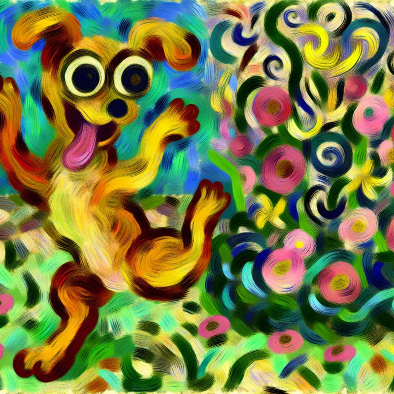 Speelse puppy danst vreugdevol in een kleurrijke tuin vol bloemen.