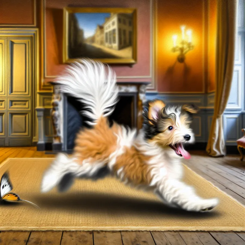 Een speelse puppy met een fluffy staart die vrolijk beweegt, terwijl hij achter een vlinder of bal aanrent in een gezellige woonkamer.