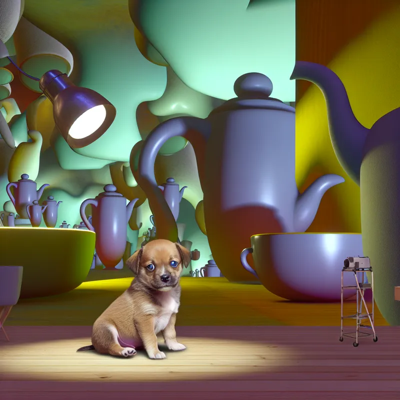 Een schattige puppy met een overdrijven klein hoofd, zittend in een surrealistisch landschap met enorme theekopjes en theepotten.