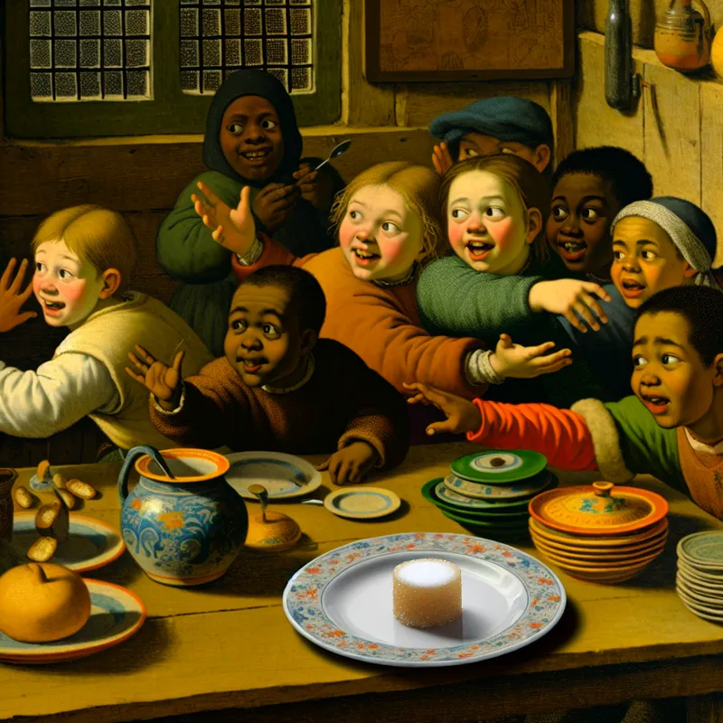 Een schattige suikerklontje op een delicaat bord, omringd door blije kinderen in een gezellige Nederlandse keuken.