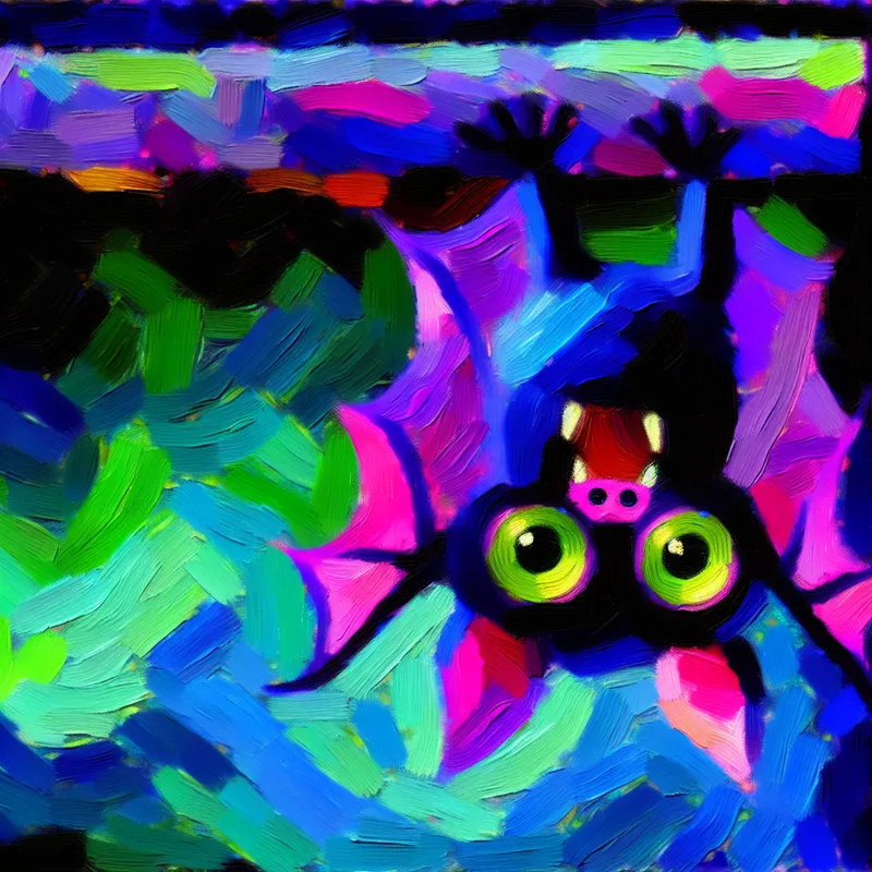 Schattige kleine vleermuis hangt ondersteboven aan een donkere muur in een kleurrijke abstractie