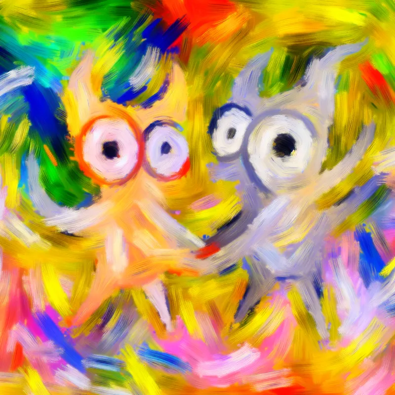 Abstracte uitdrukking van twee schattige wezentjes die speels samen zijn omringd door kleurrijke penseelstreken.