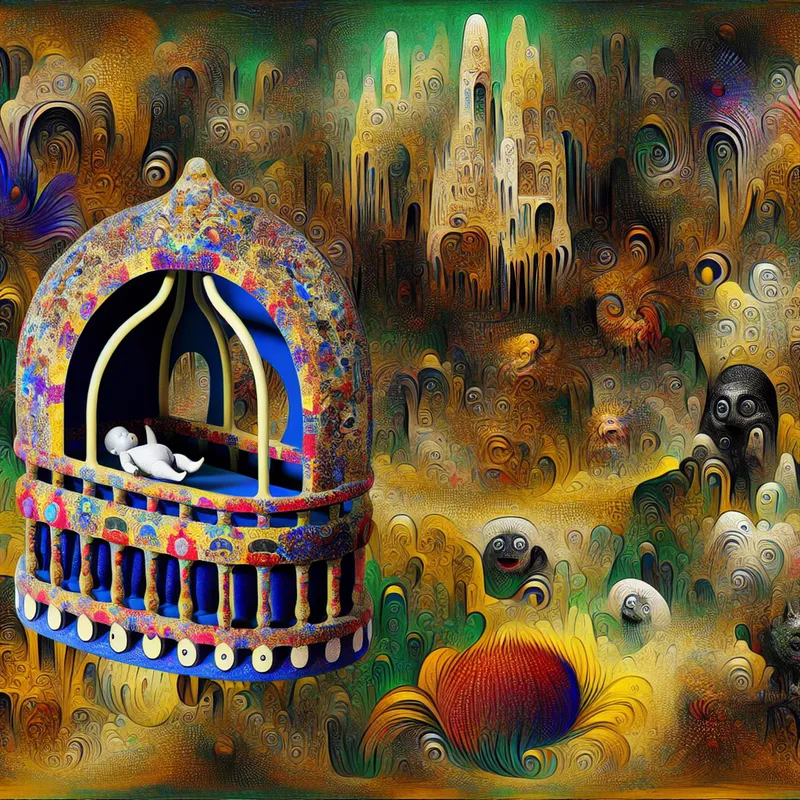 Een surrealistische illustratie van een schattig, klein wiegje voor een pop met bizarre motieven en vreemde wezens.