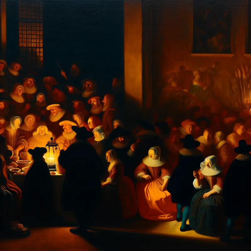 17e-eeuwse Nederlandse feestscène met ongeveer honderd mensen, geschilderd in Rembrandt-stijl met dramatisch clair-obscur