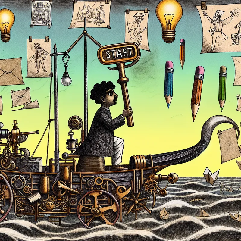 Cartoonfiguur met een gloeiende sleutel genaamd 'start' op een creatief schip van papier en blauwdrukken, varend op een zee van ideeën en gereedschappen