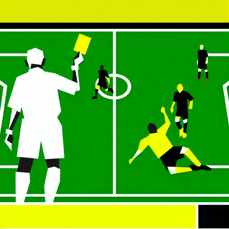 Minimalistische illustratie van een scheidsrechter die een gele kaart toont aan een gefrustreerde voetballer tijdens een wedstrijd, in de stijl van Dick Bruna