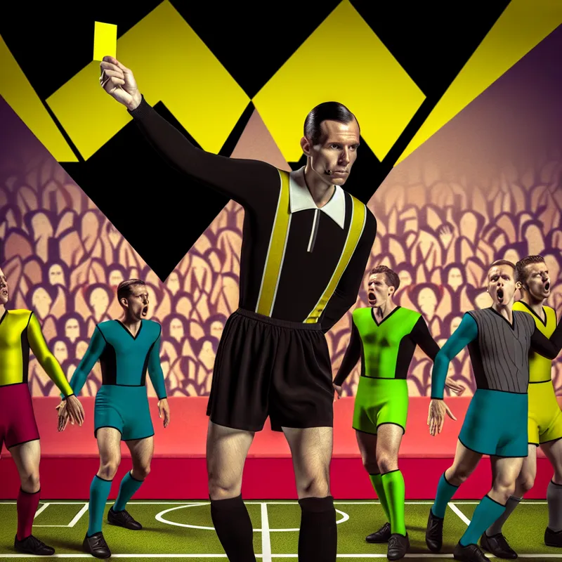 Scheidsrechter toont gele kaart tijdens dynamische voetbalwedstrijd in retro-futuristische stijl