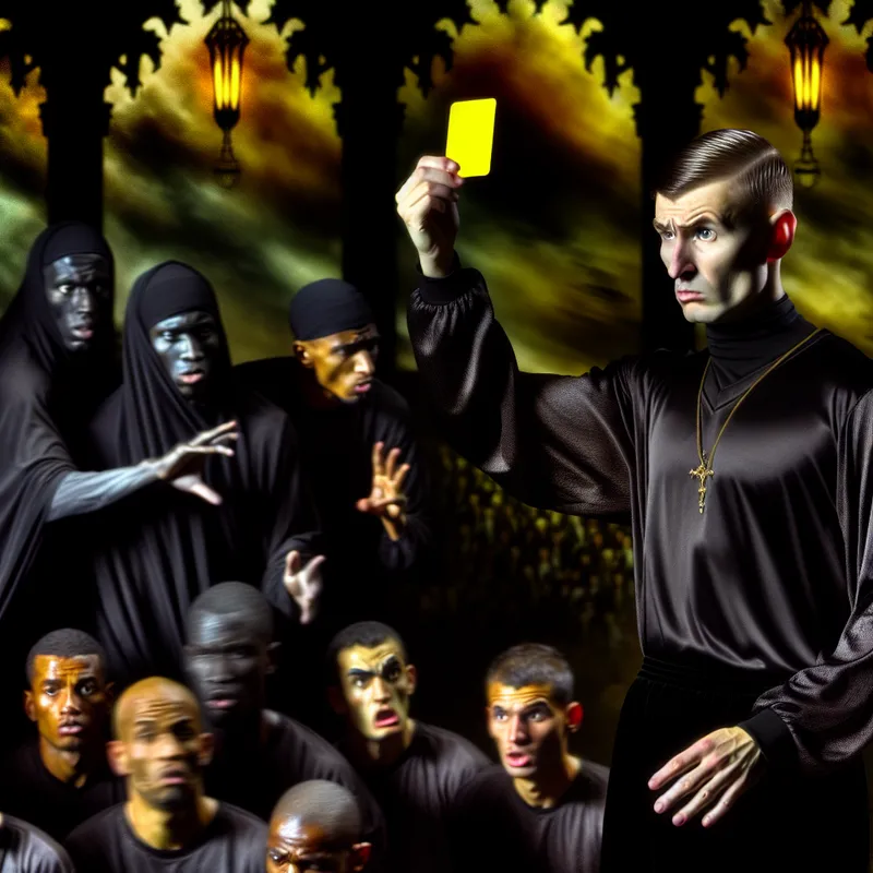 Scheidsrechter toont gele kaart tijdens spannend voetbalduel in donkere, dramatische stijl van Félicien Rops