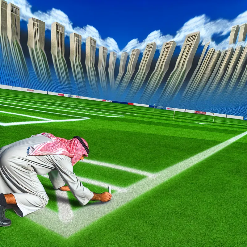 Een scheidsrechter tekent zorgvuldig witte lijnen met krijt op een sportveld, met surrealistische gebouwen op de achtergrond.