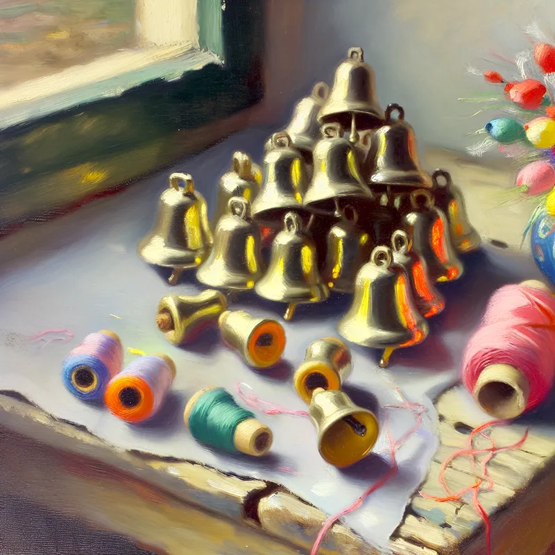 Vibrant still life of small, charming bells known as schellinkjes on a rustic wooden table, surrounded by colorful ribbons and threads.