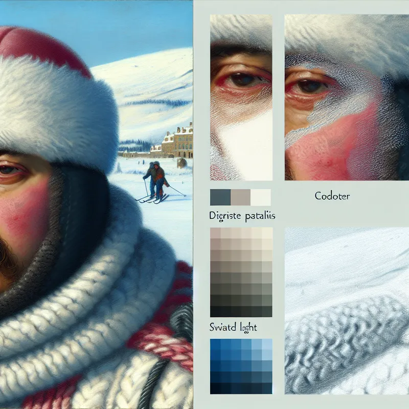 Close-up van een gezicht met een subtiele uitdrukking van ongemak door bijtende kou tijdens het skiën in een besneeuwd landschap