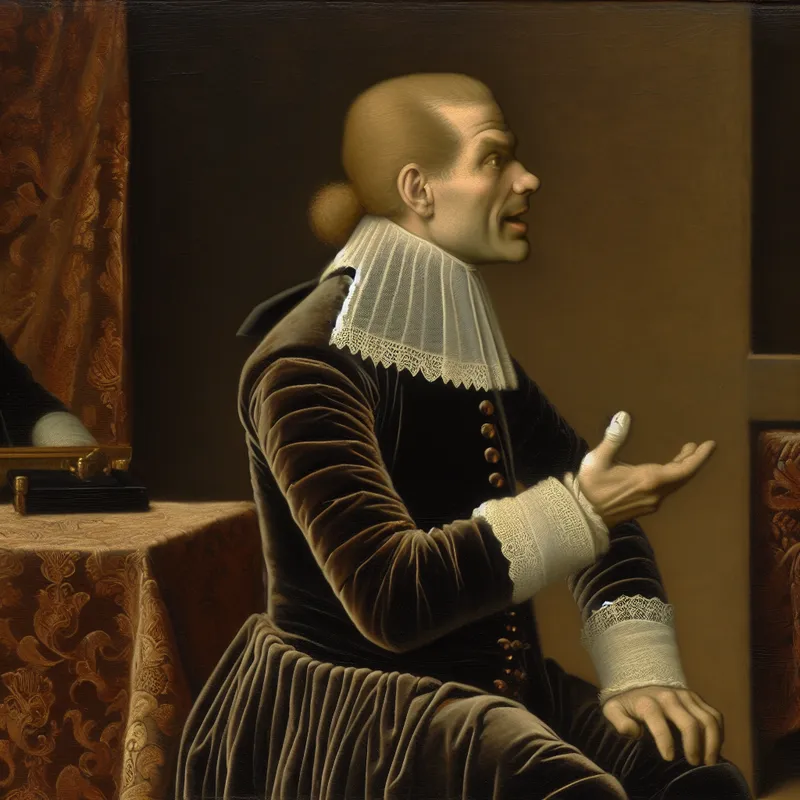 17e-eeuwse Nederlandse interieurscène met een man die met een scherpe, intense blik spreekt, ter illustratie van de uitdrukking 'een scherpe tong hebben'