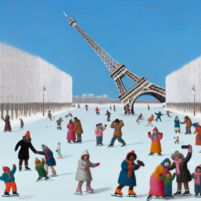 Een levendig winterlandschap met de scheve Eiffeltoren omringd door blije toeristen en sneeuwbedekte bomen.