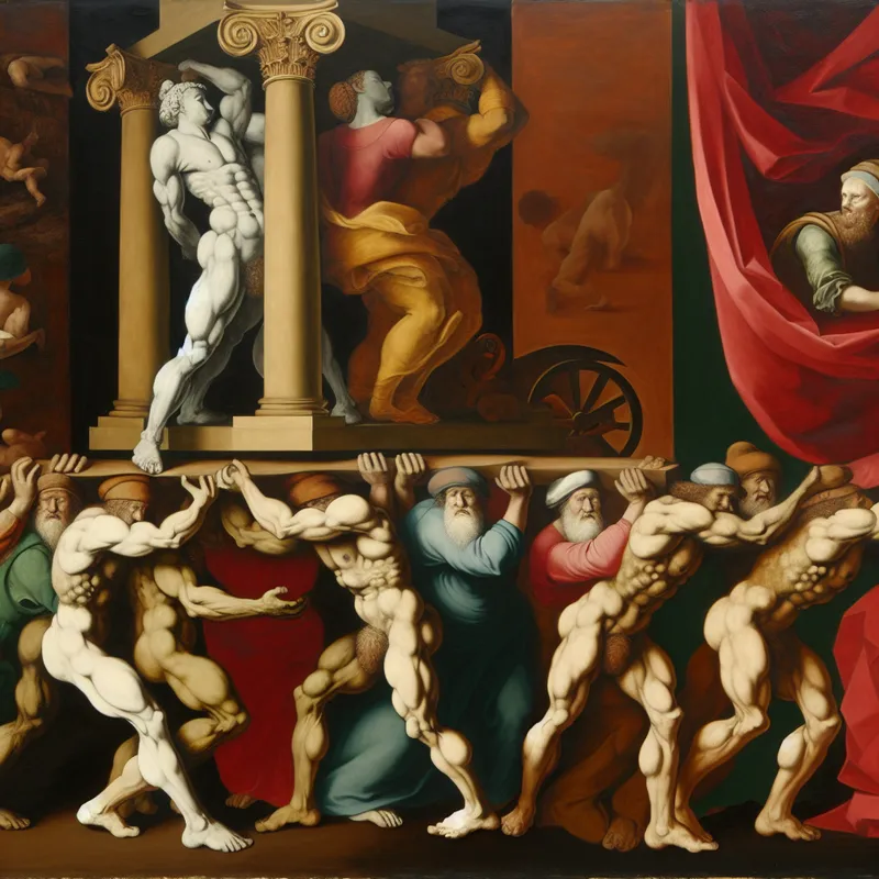 Barokschilderij in de stijl van Rubens dat de illusie van gemak toont, waar gespierde figuren een zware zuil lijken op te tillen, maar in werkelijkheid een licht decorstuk vasthouden