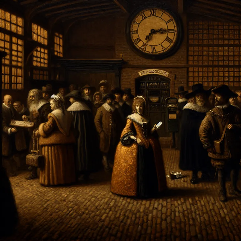 17e-eeuws treinstation met reizigers in historische kleding, een grote klok die vertraging aangeeft en een vrouw bij een overvolle brievenbus, geschilderd in Rembrandt-stijl met dramatisch clair-obscur