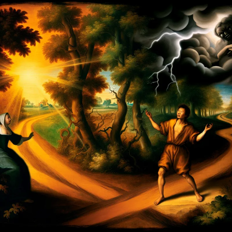 Barokke scène met persoon bij tweesprong in dramatisch landschap, symboliserend onzekerheid en schijn