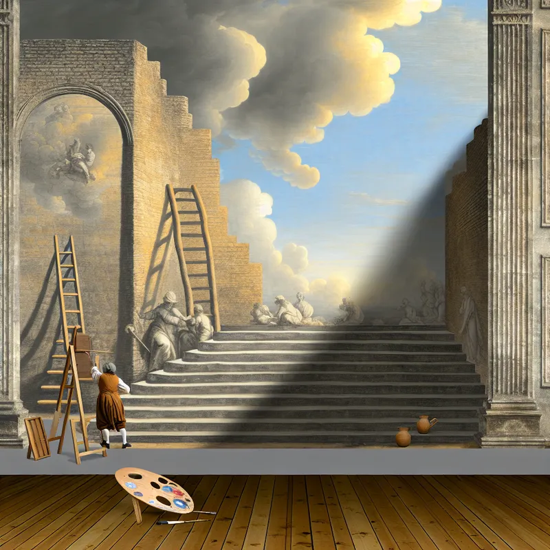 Een schilder die een stevige ladder tegen een oude, gestructureerde stenen muur plaatst onder dramatische wolken.