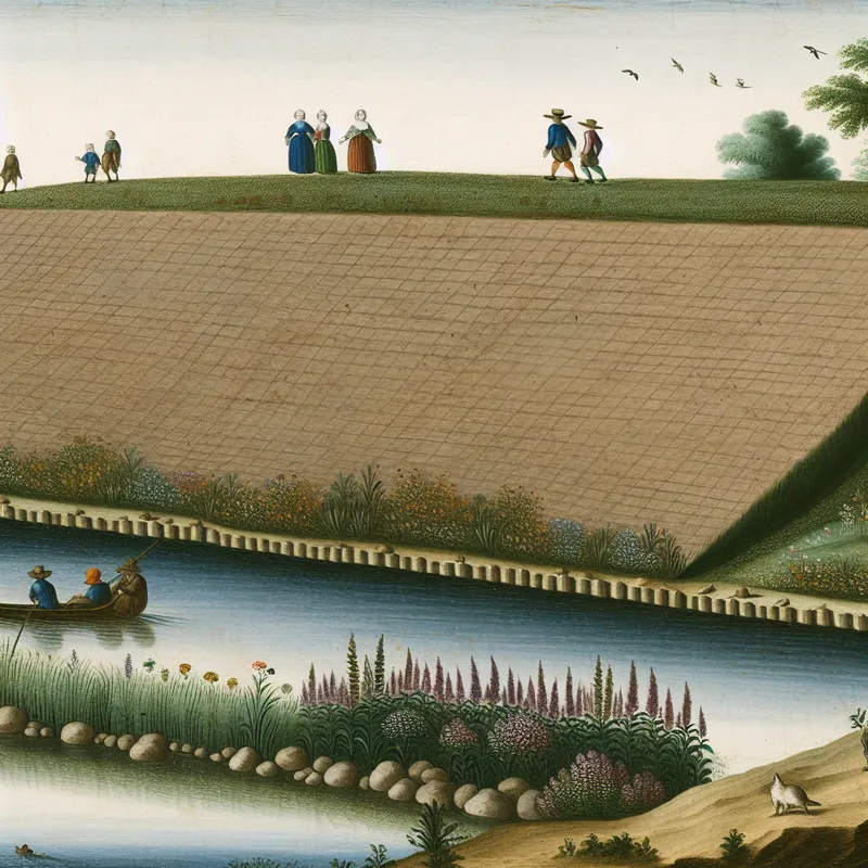 Een schilderachtig landschap met een dijk langs een rivier, mensen wandelen en vissers staan aan de waterkant.