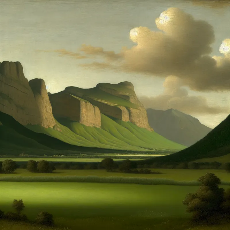 Schilderachtige landschapsfoto met majestueuze bergen boven een groene vallei under diffuus licht.