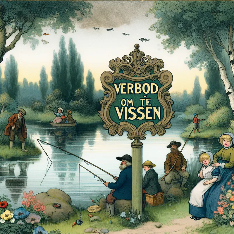 Een schilderachtige rivierlandschap met een groot bord 'Verbod om te vissen', vissers kijken teleurgesteld terwijl een gezin picknickt.