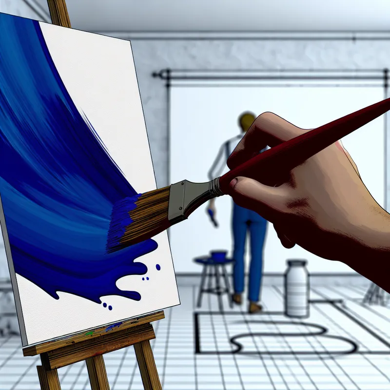 Hand van een schilder die met een penseel een brede blauwe verfstreek op een wit doek zet in een retro-futuristische stijl