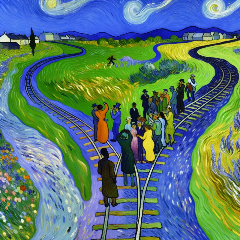 Een levendige schilderij van een kronkelige spoorlijn met een blauw lucht waarvoor figuren debatteren en één contemplatieve figuur staat.