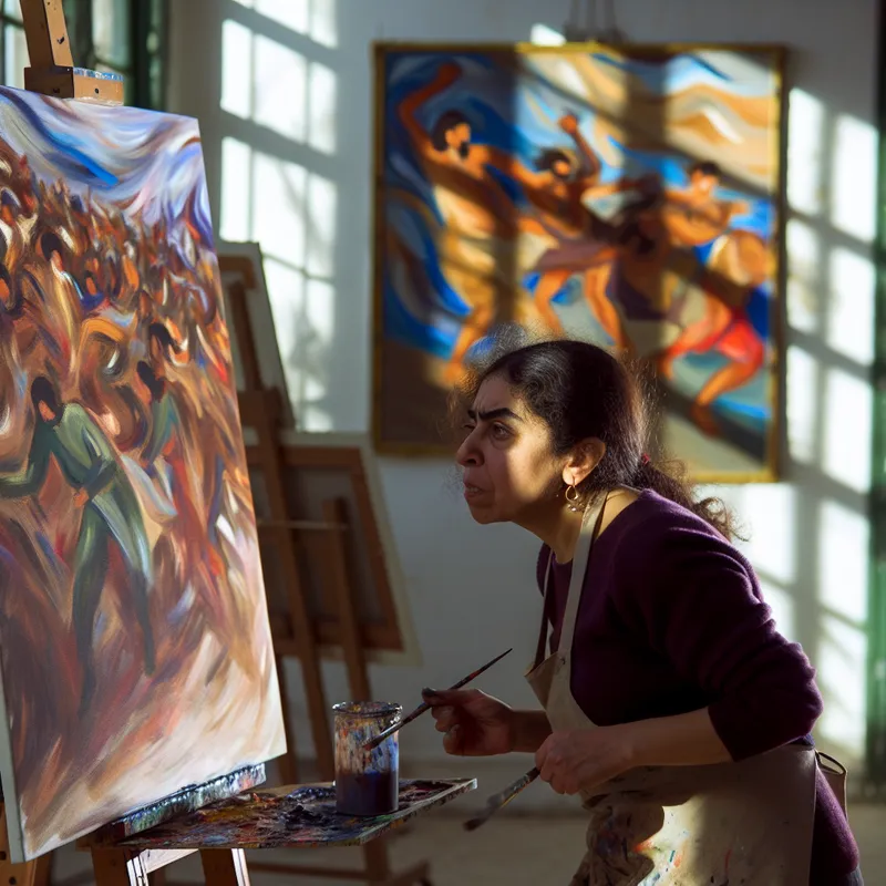 Schilder in atelier werkt aan nieuw schilderij in stijl van Vincent van Gogh