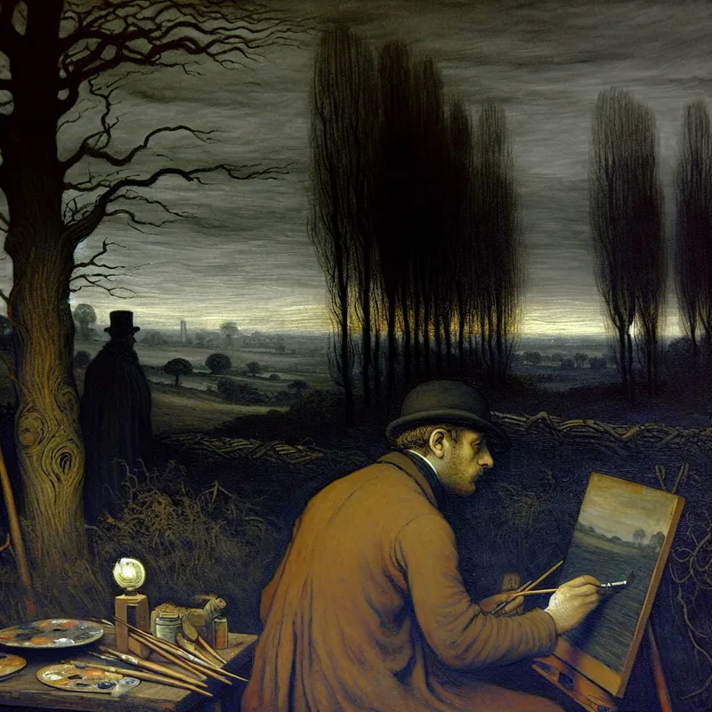 Een kunstenaar schildert een mysterieus landschap met een etherisch figuur die kennis symboliseert.