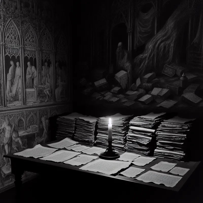 Een schimmige kamer met een grote houten tafel vol oude documenten en een flikkerende kaars die schaduw werpt.