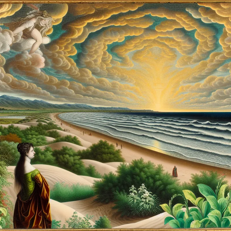 Landschap met prachtig strand en golven, een figuur op de voorgrond kijkt verlangend naar de horizon tijdens zonsondergang