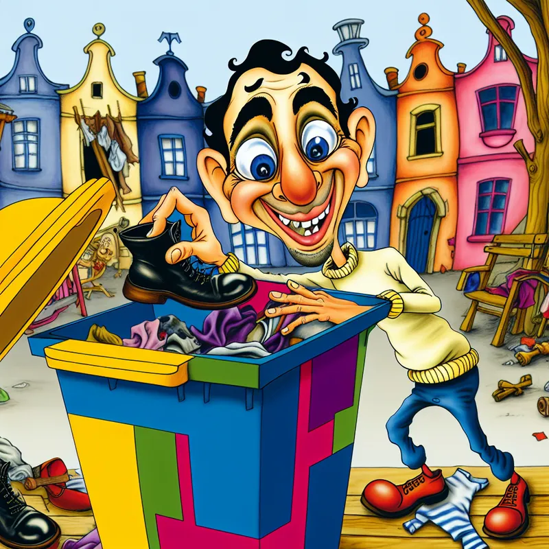 Een cartoonfiguur gooit oude schoenen weg in een kleurrijke prullenbak, omgeven door rommel.