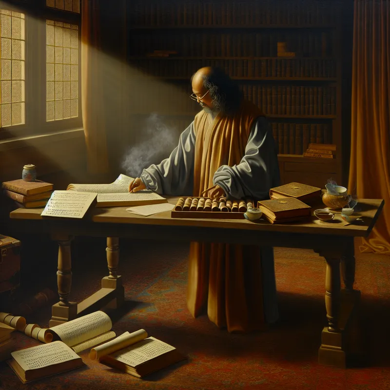 Een geleerde aan een houten bureau, omringd door boeken en papieren, terwijl hij rente berekent op een studielening.